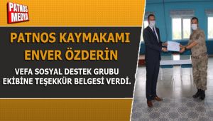 Patnos Vefa Sosyal Destek Grubu Ekibine Teşekkür Belgesi